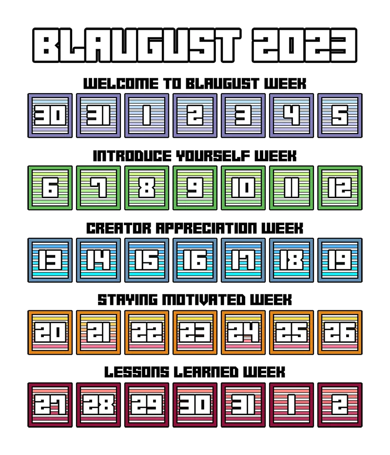 Blaugust Festival of Blogging 2023 calendar.